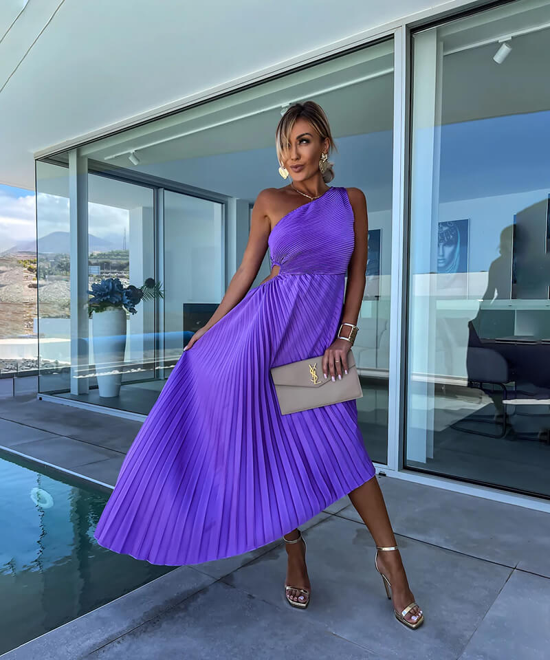 Stylish pleated one-shoulder maxi gown for women, ideal as a wedding guest or special occasion dress.