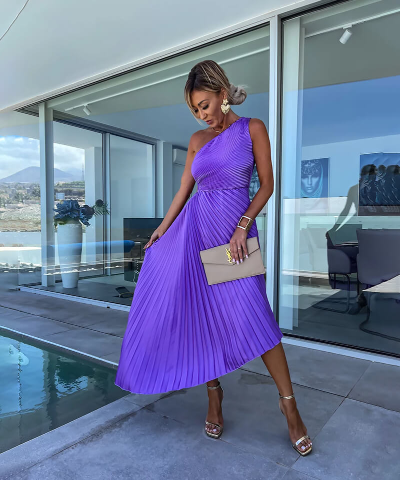 Glamorous women's one-shoulder pleated maxi evening gown, suitable for weddings & formal events.