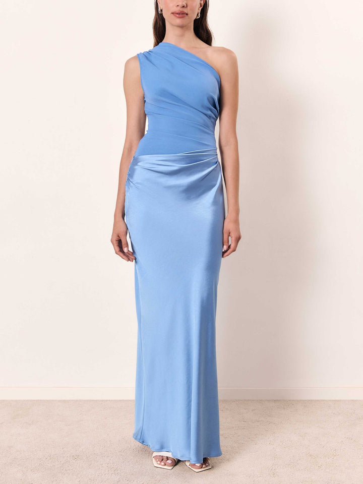 One-shoulder pleated maxi party dress. Elegant women's formal gown, suitable for evening wear & special events.