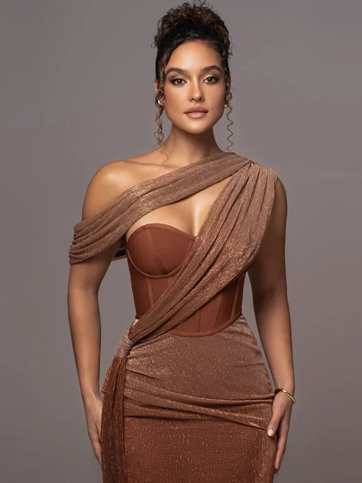 Luxe one-shoulder statement maxi dress for women. Formal evening wear, perfect for special occasions. Elegant & sophisticated.
