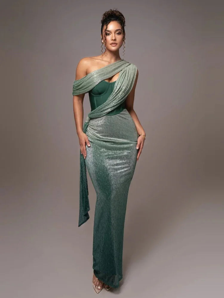 Women's elegant one-shoulder maxi dress. Sculpted fit, ideal statement piece for formal events & evening parties.