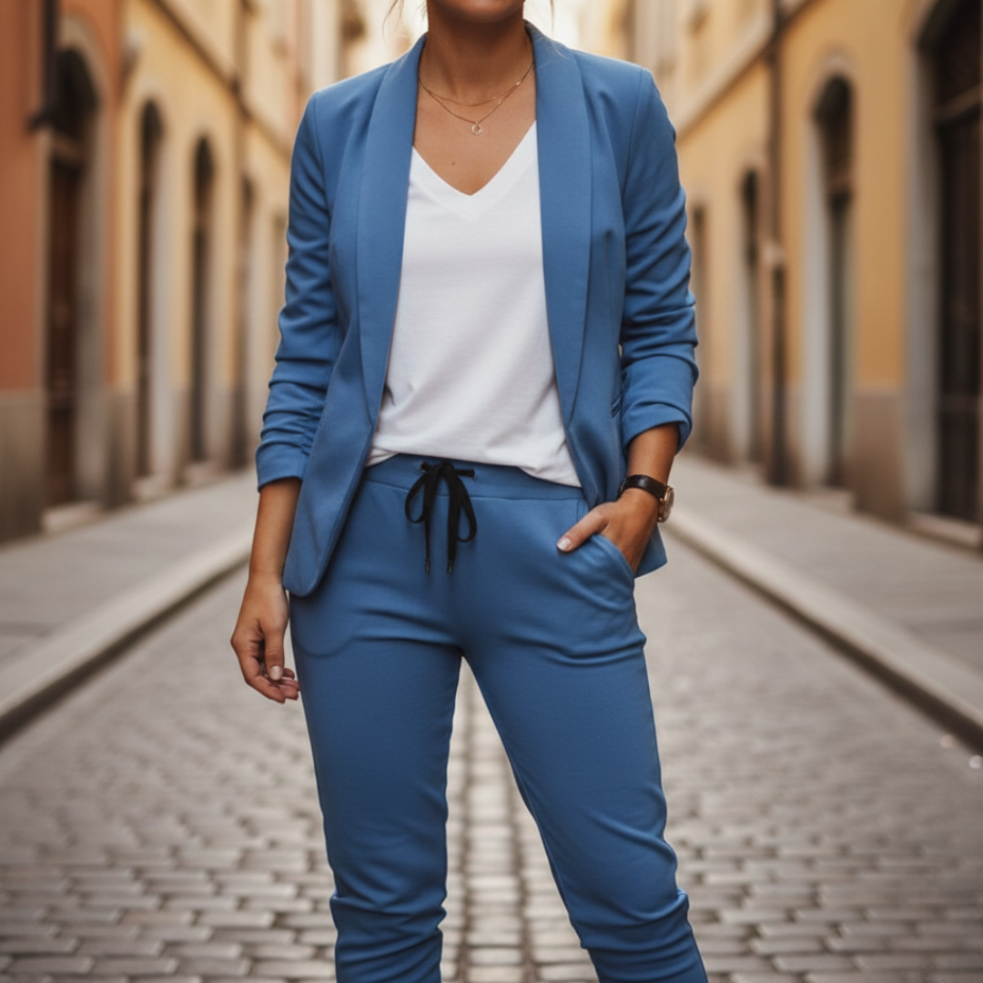 Taupe women's smart casual outfit: a flattering open front blazer & comfortable yet tailored joggers.