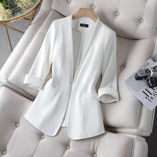 Elegant women's open front blazer with sophisticated pearl trim. Perfect chic jacket for office attire & professional wear.