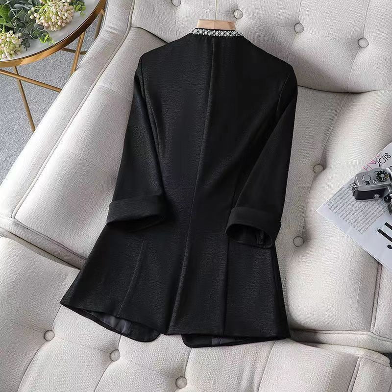 Sophisticated women's open front blazer with elegant pearl trim, a versatile chic jacket for office & formal events.