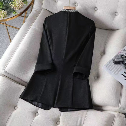 Sophisticated women's open front blazer with elegant pearl trim, a versatile chic jacket for office & formal events.