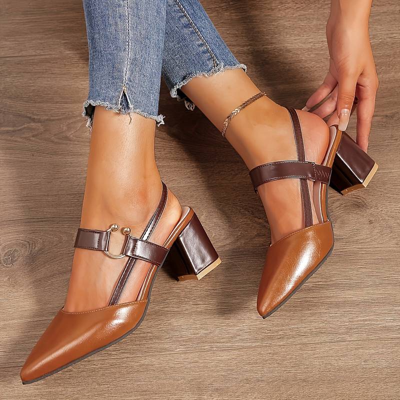 Elegant women's orthopedic block heels with pointed toe & slingback, comfortable for all-day wear.