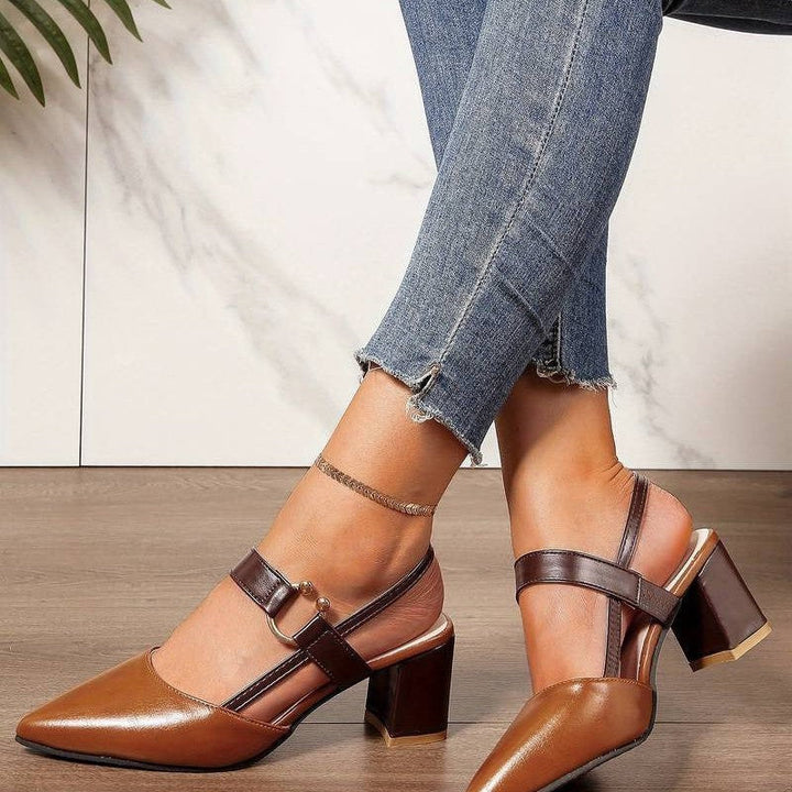 Brown women's orthopedic block heels, pointed toe, slingback design for work or dress comfort.