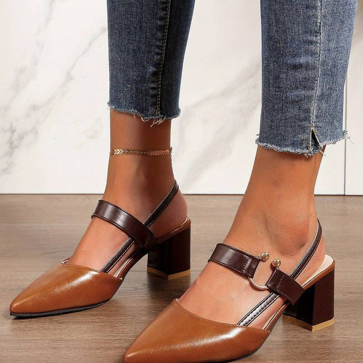 White women's orthopedic block heels, low block heel, comfortable pointed toe for elegant all-day wear.