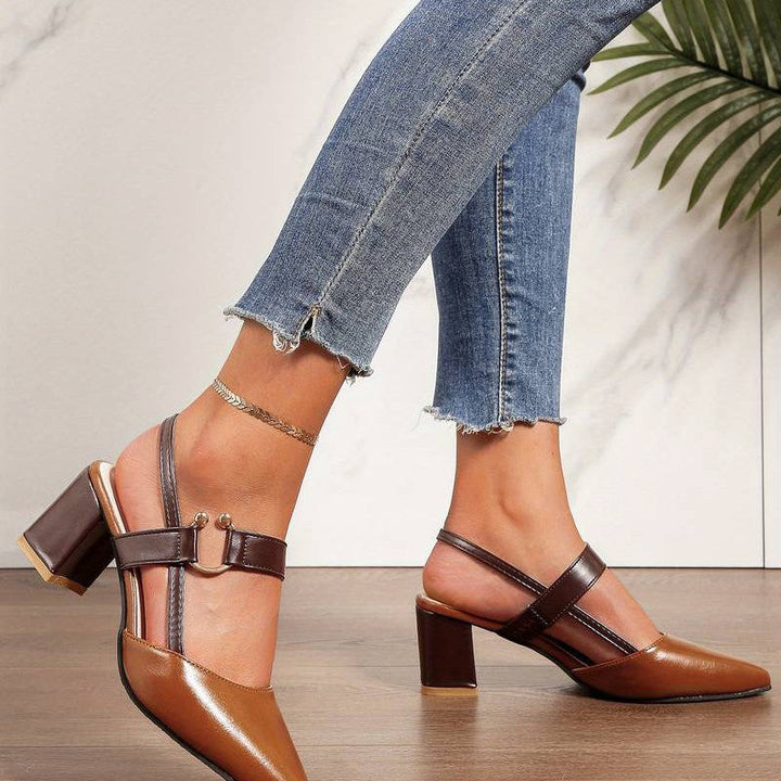 Dark green orthopedic block heels for women, comfortable slingback, pointed toe, ideal for dress & work.