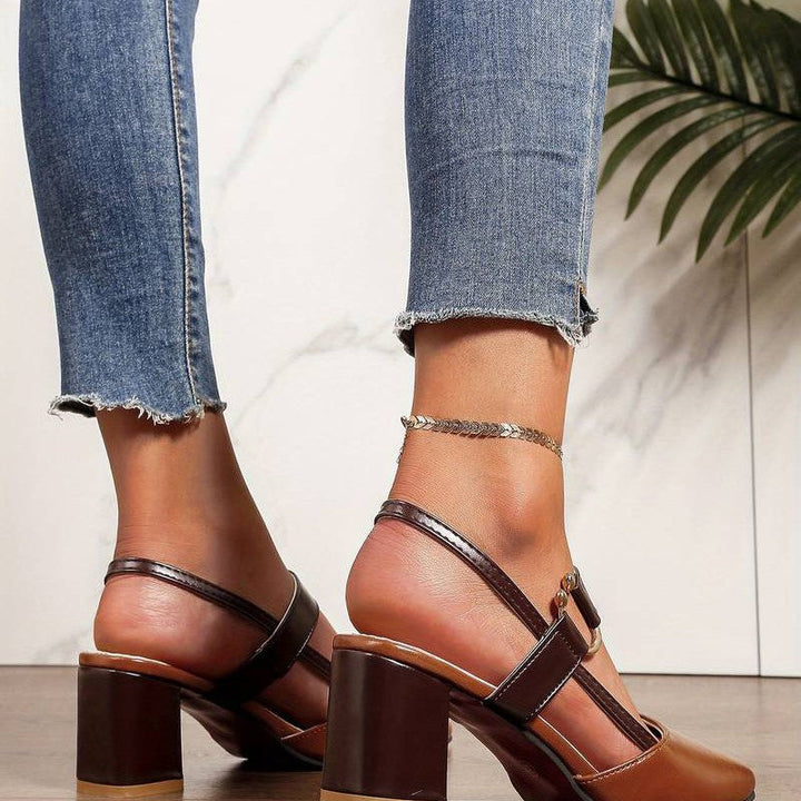 Elegant women's work heels: orthopedic block heels with pointed toe & comfortable low slingback.