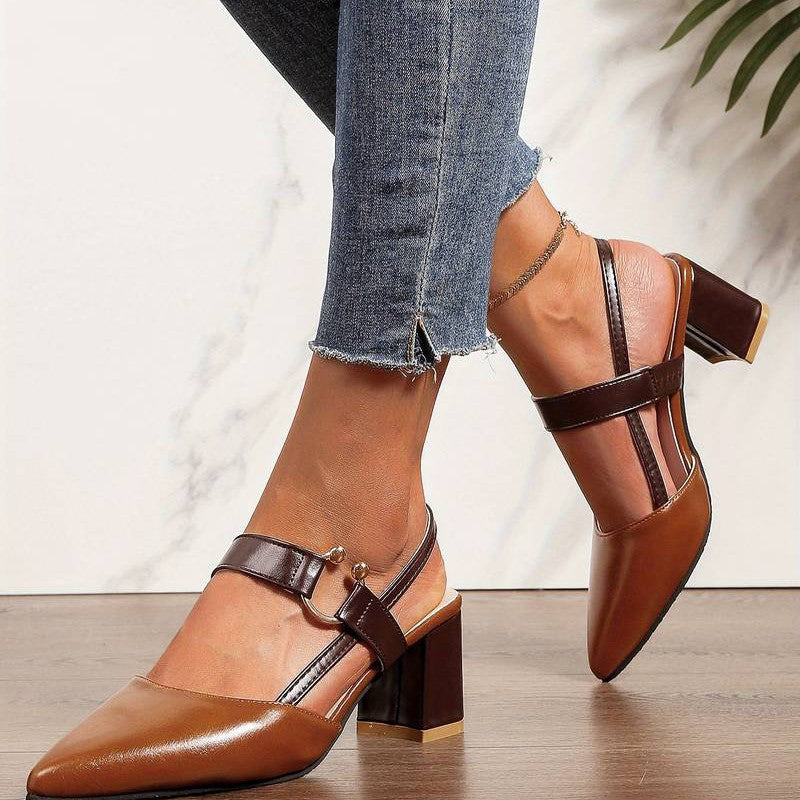 Close-up of women's orthopedic block heels showing pointed toe, low block heel & slingback comfort.