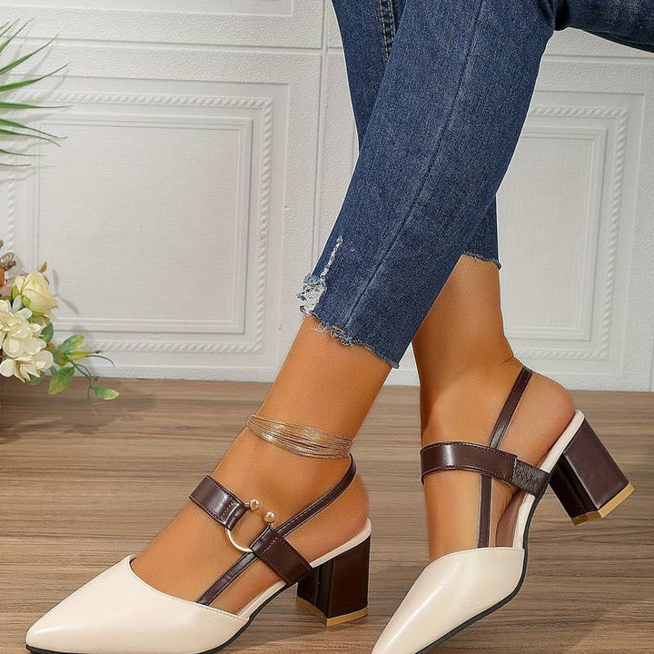 Low block heel orthopedic shoes for women, comfortable slingback & pointed toe. Elegant dress heels.