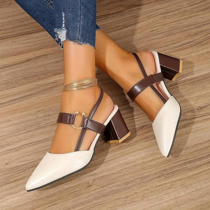 Brown comfortable orthopedic block heels for women, elegant pointed toe and supportive slingback.