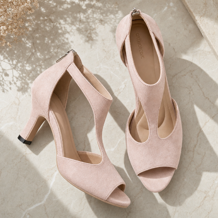 Stylish pink orthopedic cushioned high heels for women, perfect for elegant events and comfortable wear.