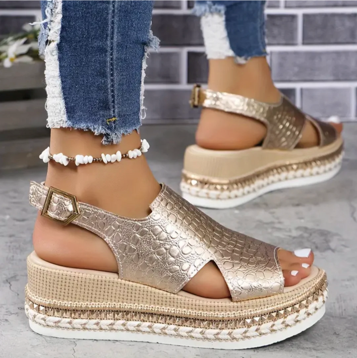 Comfortable women's heeled sandals with adjustable straps & orthopedic arch support for foot health.