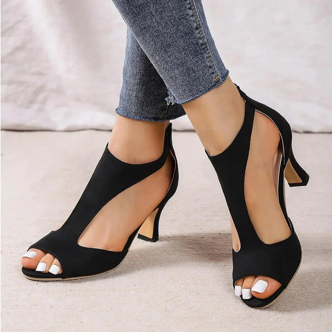 Chic women's formal T-strap peep-toe high heels, offering orthopedic comfort for spring fashion & party elegance.