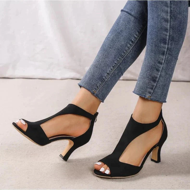 Ladies' elegant peep-toe T-strap high heels with orthopedic comfort for special occasions & formal events.