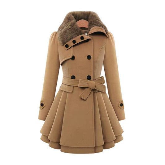 Elegant women's overcoat with a luxurious faux fur collar & stylish layered hem for winter fashion.