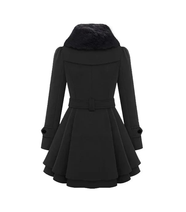 Stylish women's belted overcoat with a faux fur collar, elegant layered hem, perfect for cold weather.