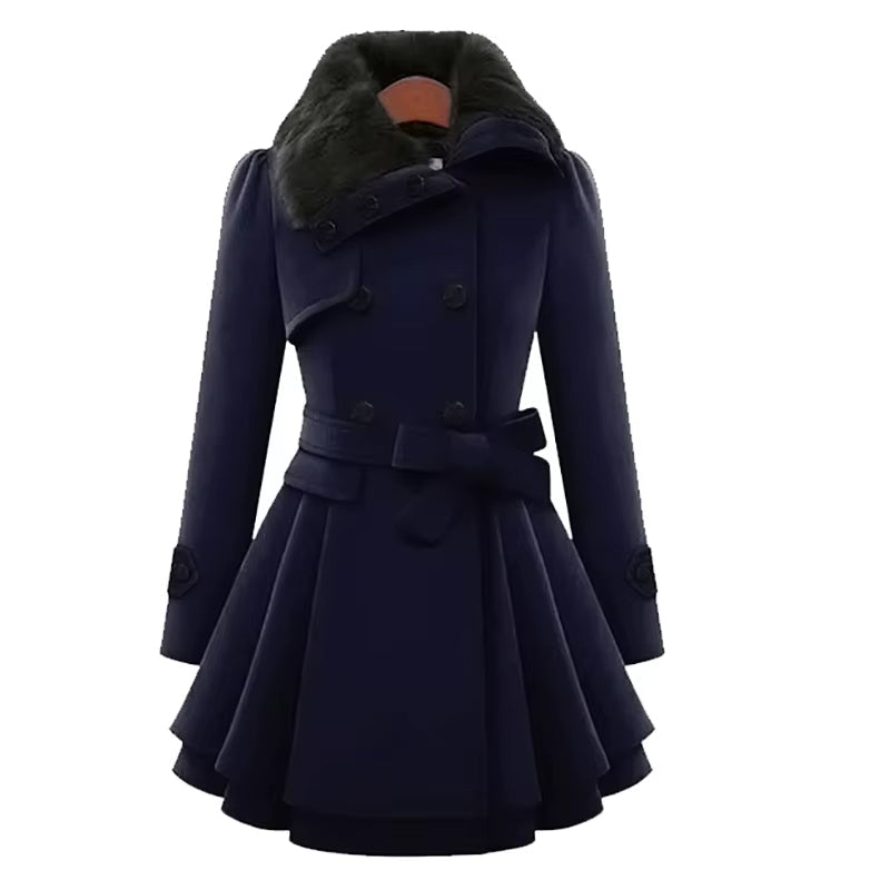 Warm women's outerwear: a timeless overcoat with a faux fur collar, double-breasted front & layered hem.