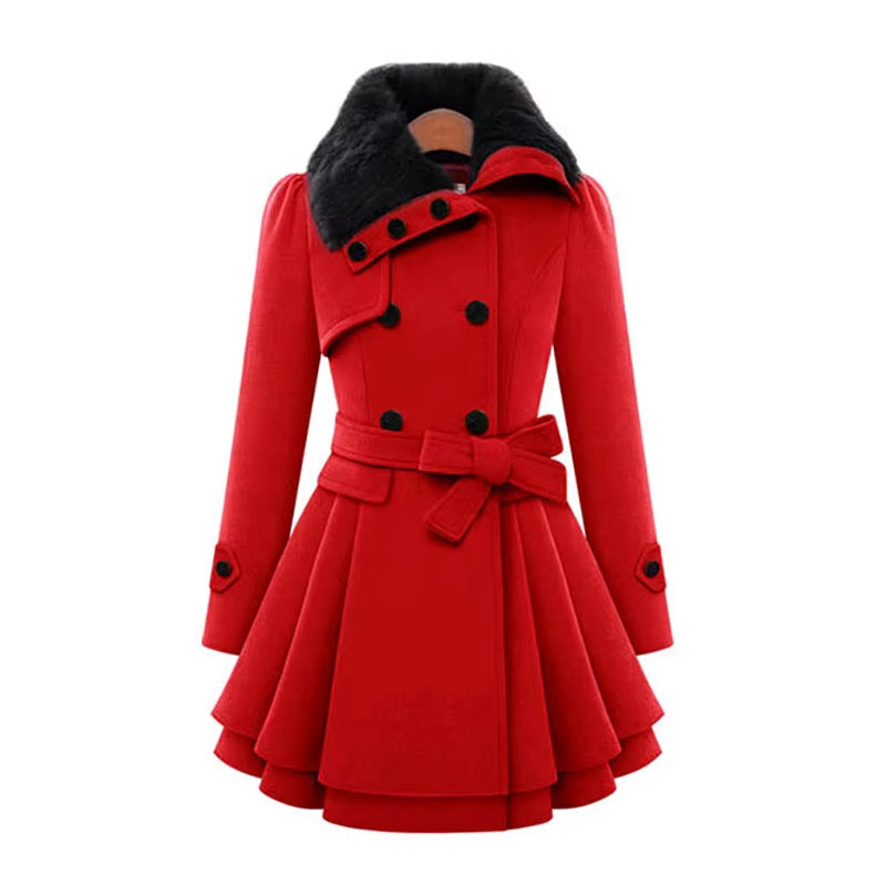 Chic women's winter overcoat featuring a plush faux fur collar, double-breasted closure & layered hem.