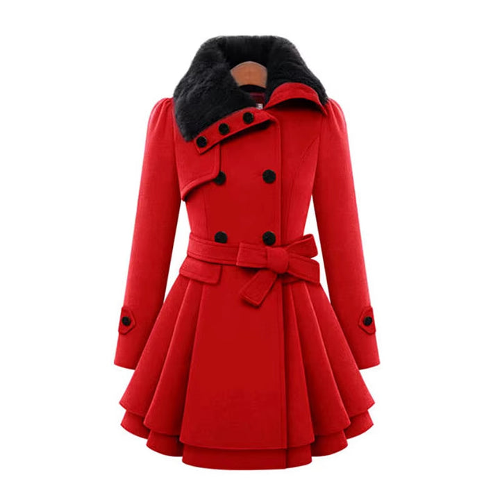 Chic women's winter overcoat featuring a plush faux fur collar, double-breasted closure & layered hem.