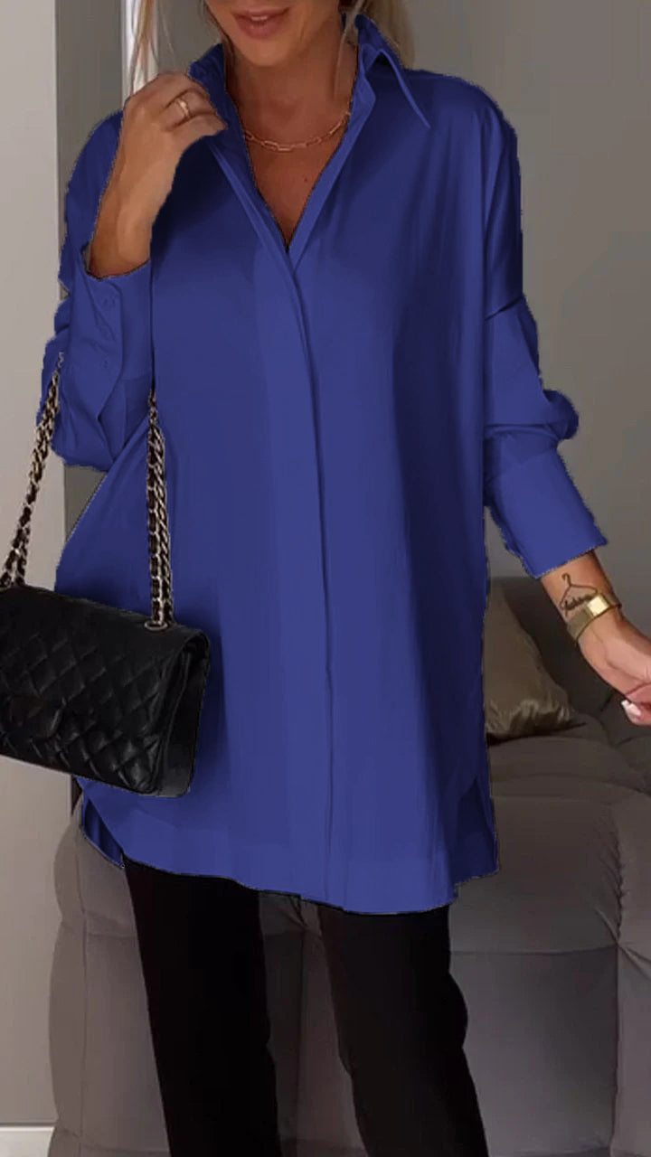 Everyday versatile women's oversized collared blouse, a relaxed long-sleeve top for casual or work fashion.