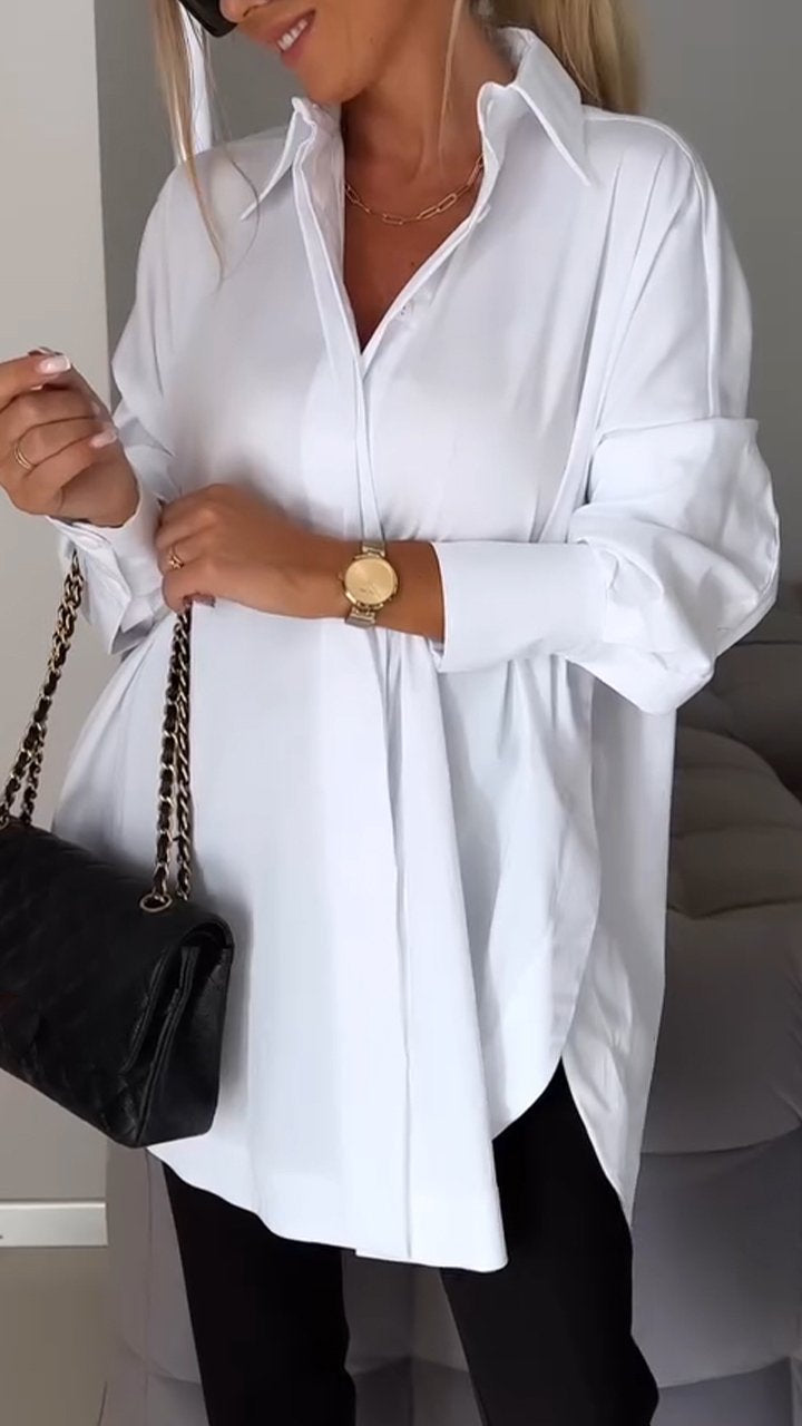 Casual long-sleeve oversized blouse for women, featuring a relaxed fit and stylish collar. Great for everyday wear.