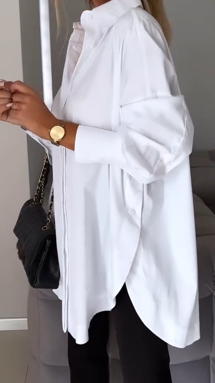 Chic Blanca oversized blouse with a classic collar, long sleeves, ideal for stylish women's spring fashion.