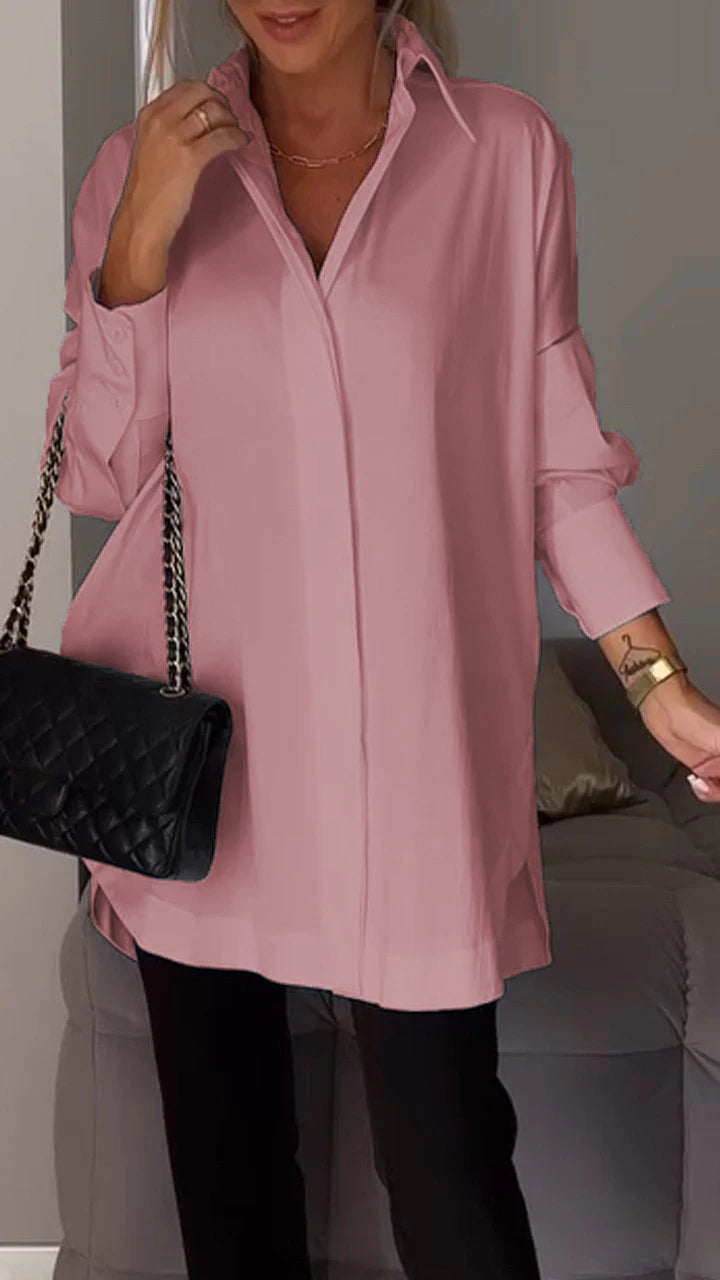 Relaxed fit women's oversized blouse with a stylish collar and long sleeves, perfect for summer elegance.