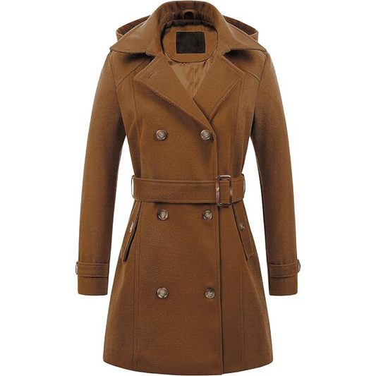 Elegant women's padded winter trench coat with a removable hood, front view.
