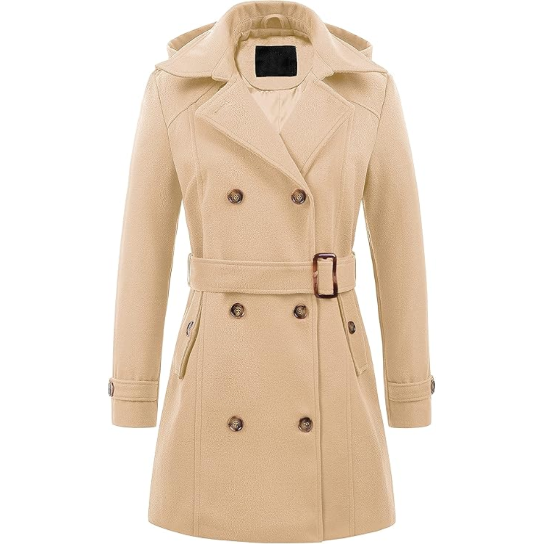 Model showcasing a women's elegant padded winter trench coat with a removable hood.