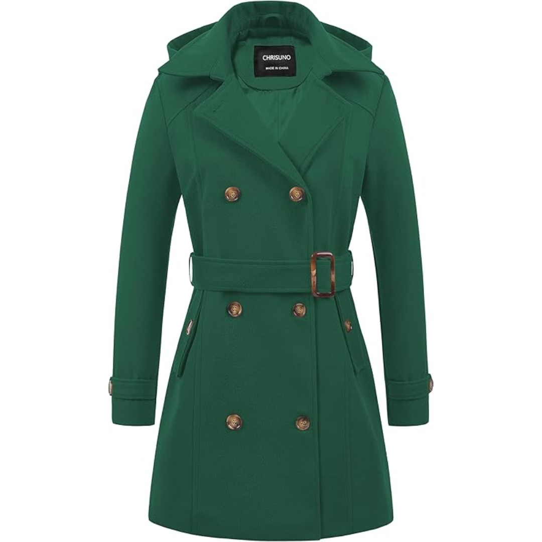 Front view: Women's padded winter trench coat with belt, ideal for elegant ladies fashion.