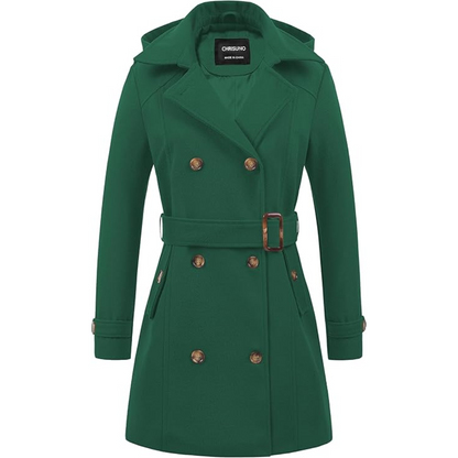 Front view: Women's padded winter trench coat with belt, ideal for elegant ladies fashion.