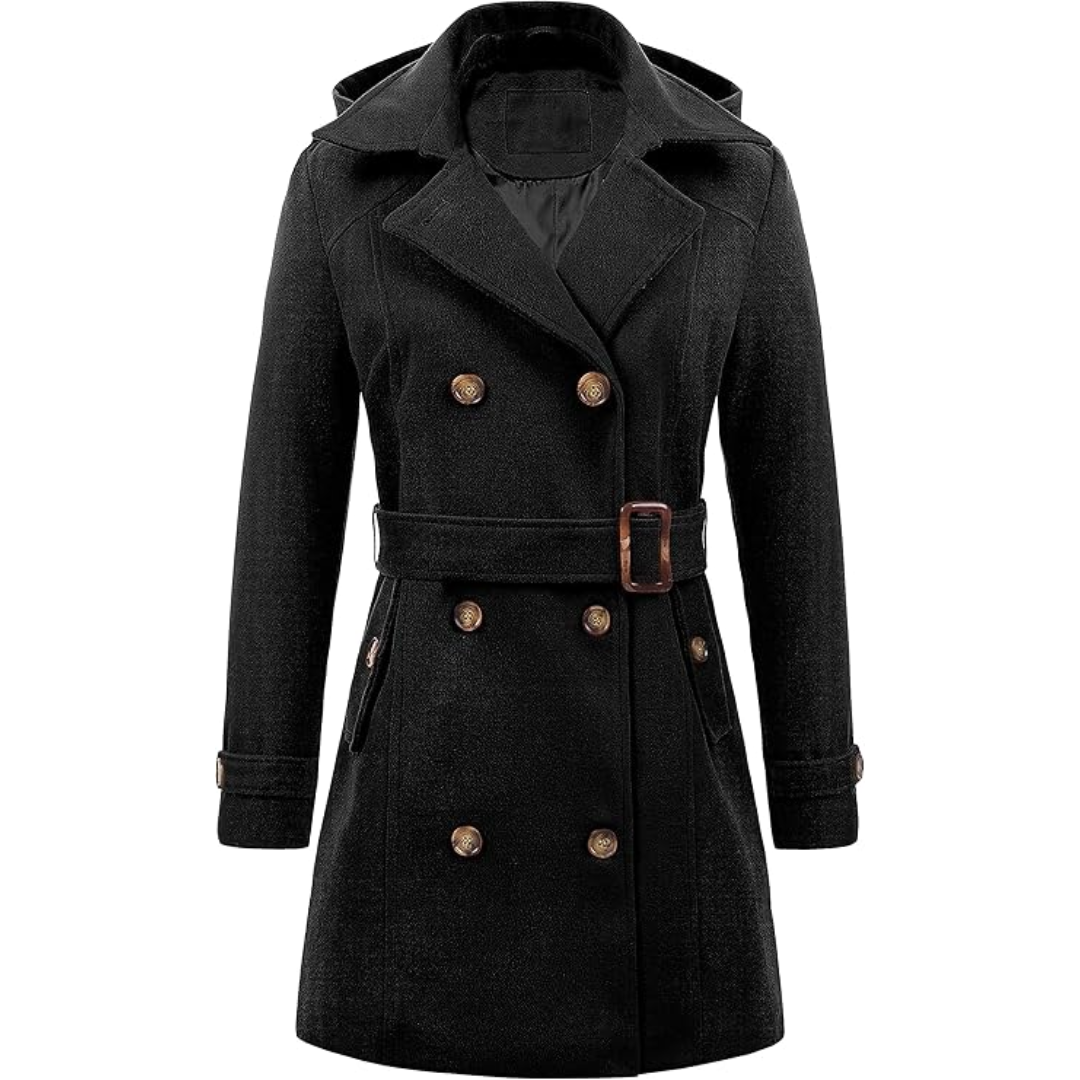 Side profile of a women's padded winter trench coat, showing the tailored fit.