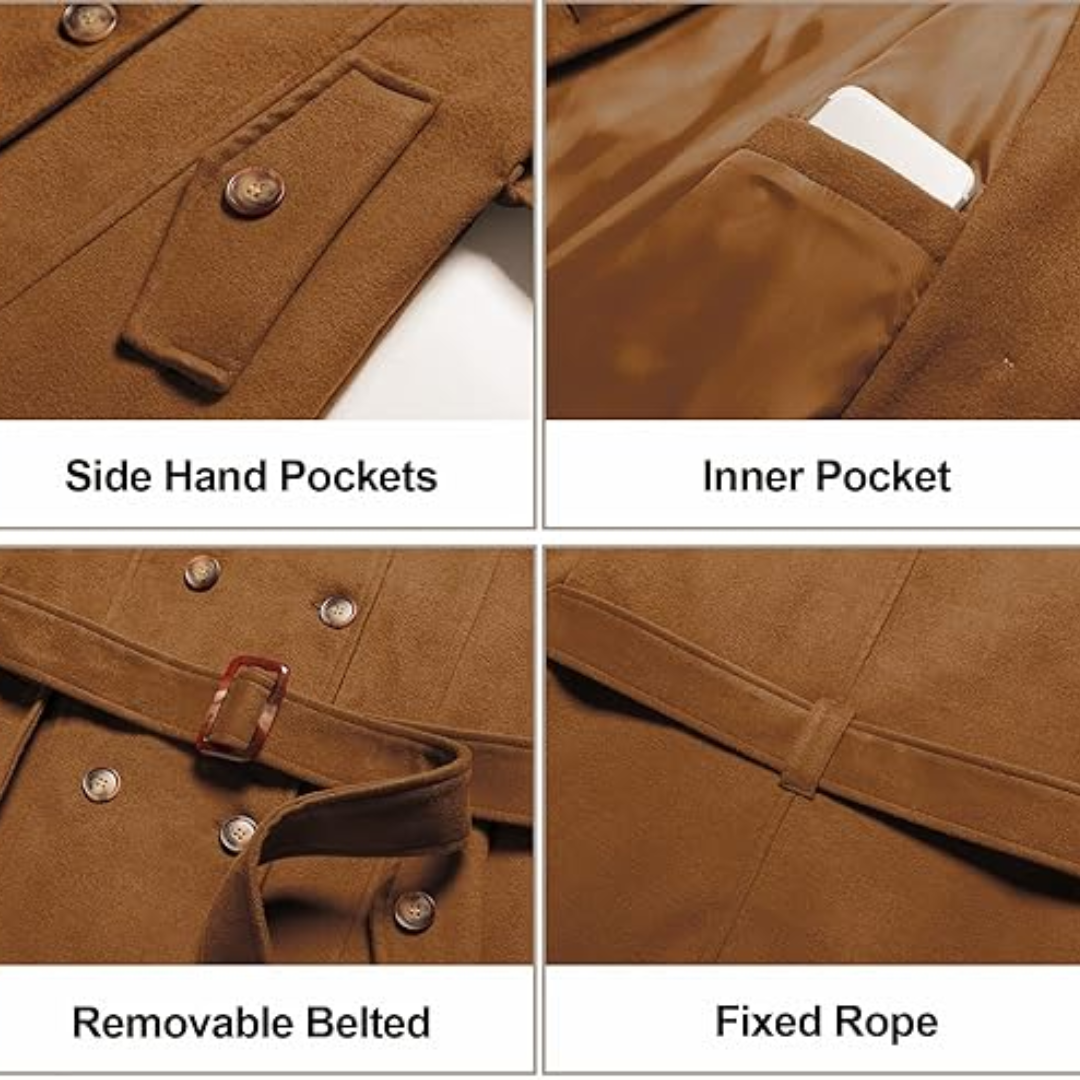 Interior lining detail of a cozy women's padded winter trench coat with hood.