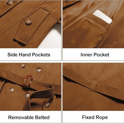 Interior lining detail of a cozy women's padded winter trench coat with hood.