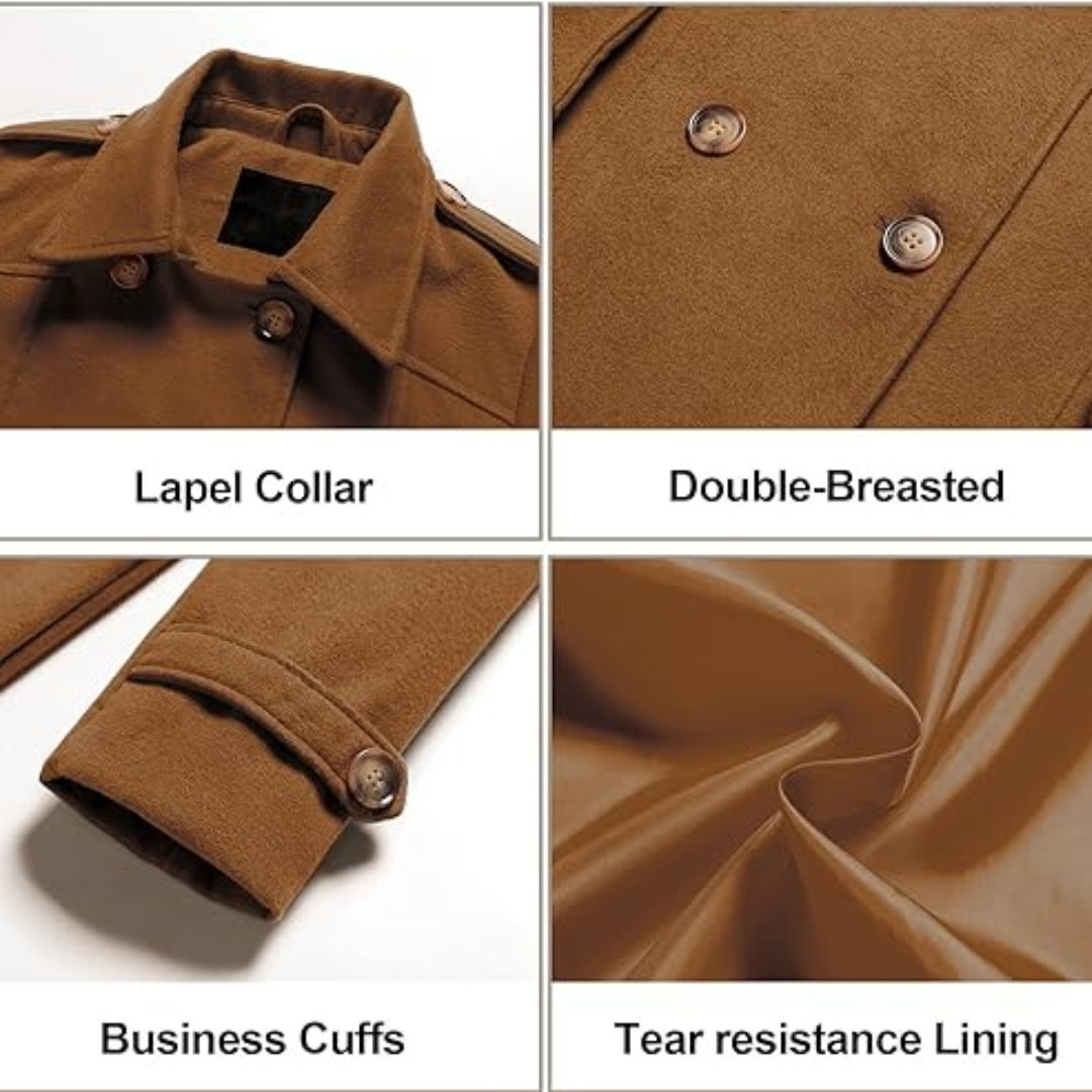 Collar and lapel detail of an elegant women's double-breasted winter trench coat.