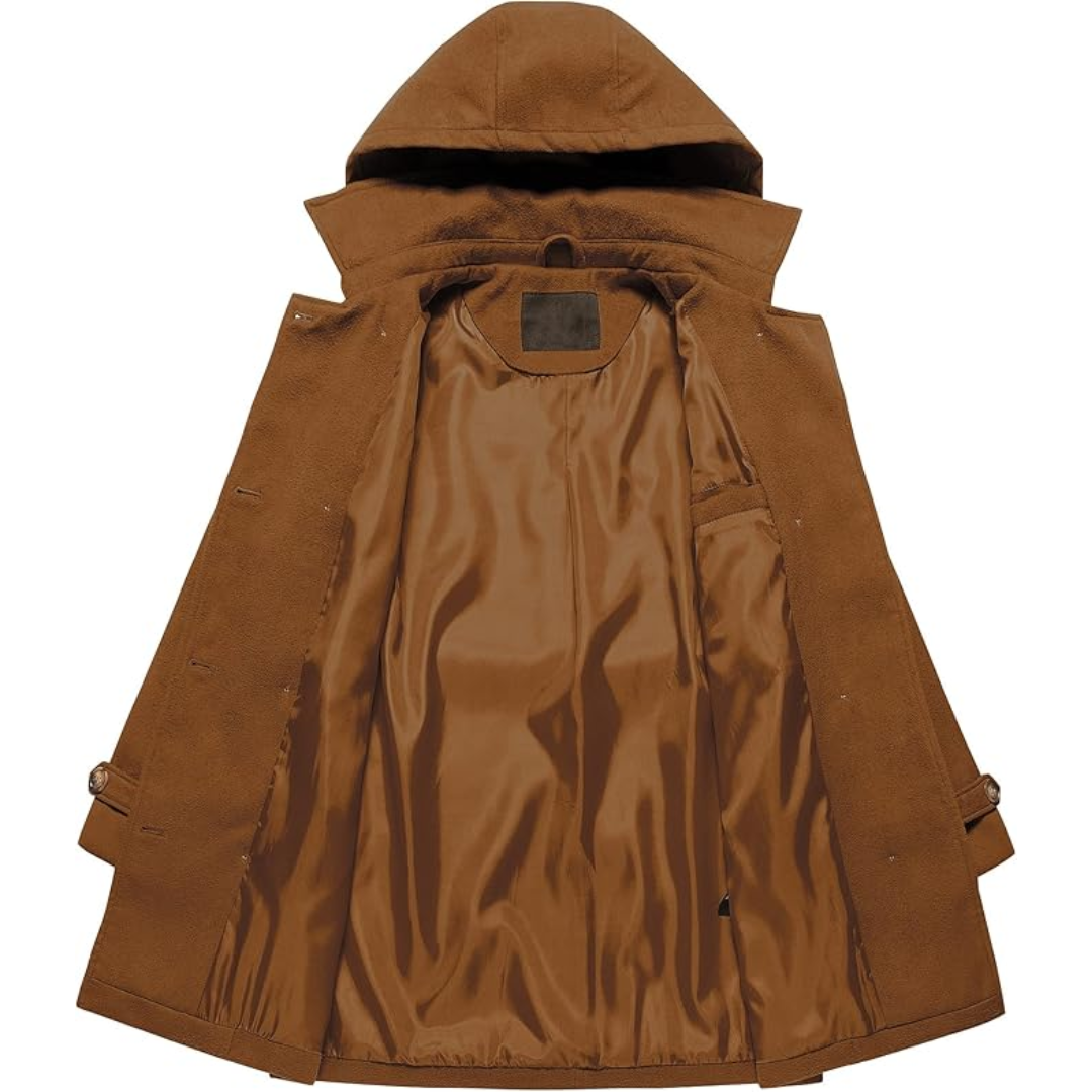 Stylish ladies' double-breasted winter trench coat, warm and hooded outerwear.