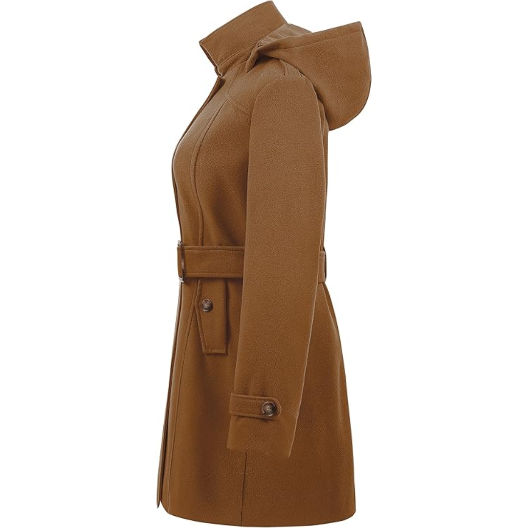 Warm women's padded trench coat for cold weather, featuring a removable hood.