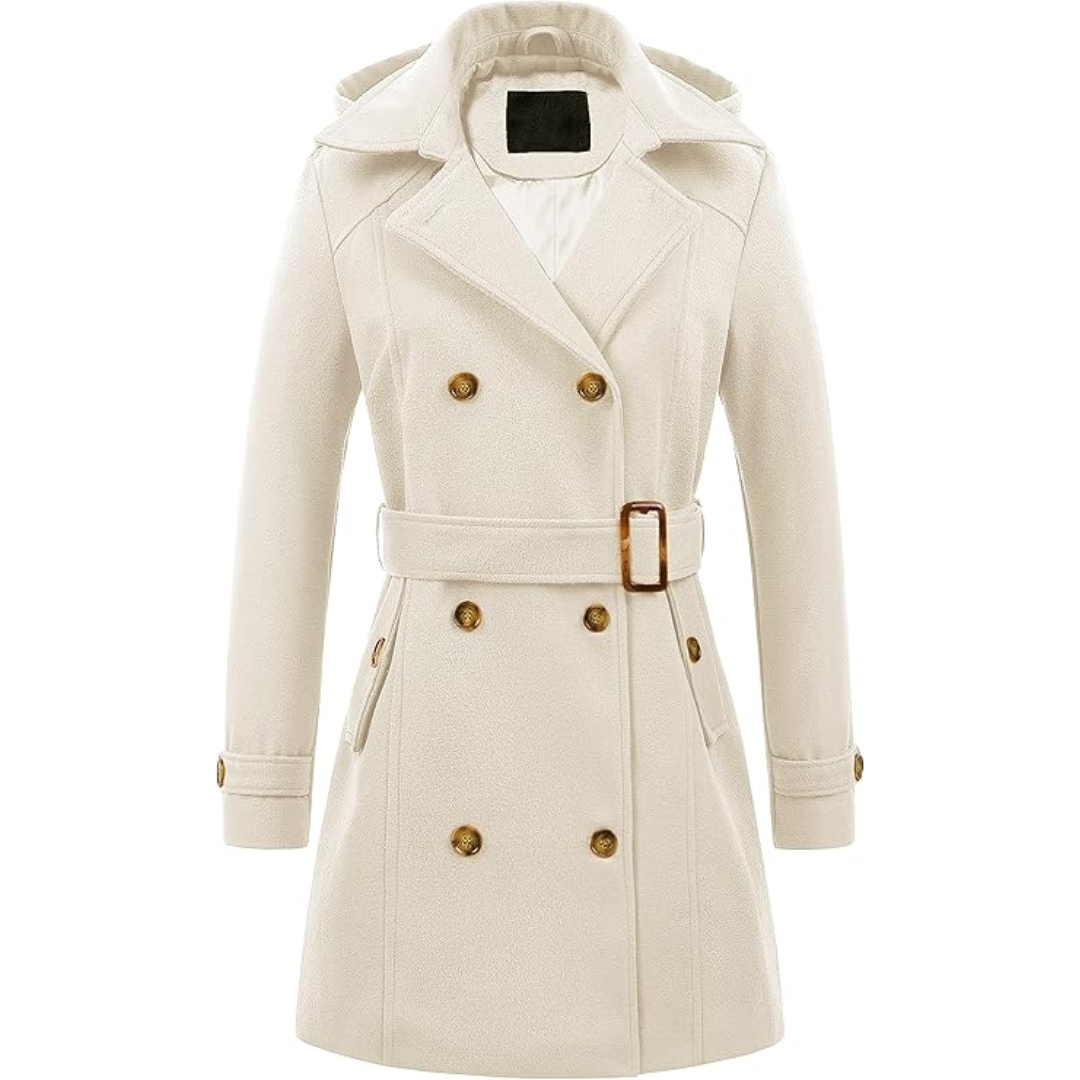 Full length view of a women's padded winter trench coat with a belt and hood.