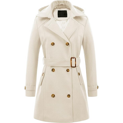 Full length view of a women's padded winter trench coat with a belt and hood.
