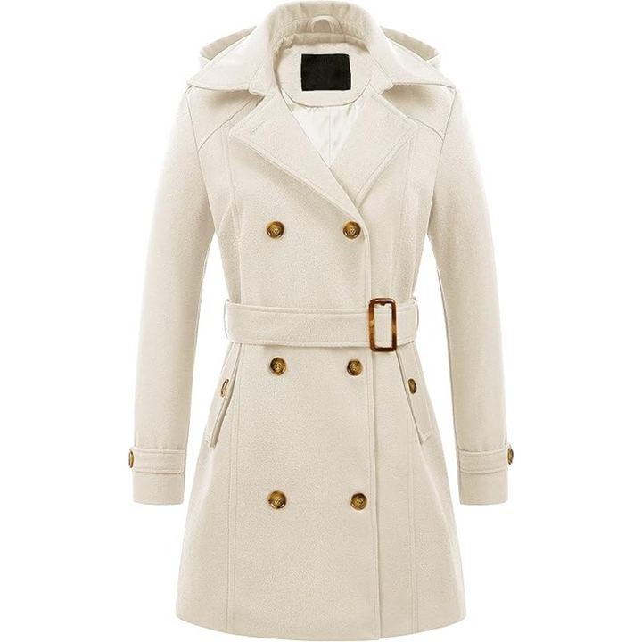 Full length view of a women's padded winter trench coat with a belt and hood.