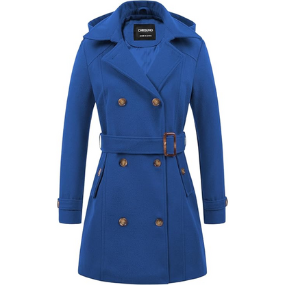 Back view of a chic women's padded winter trench coat, perfect for elegant winter.