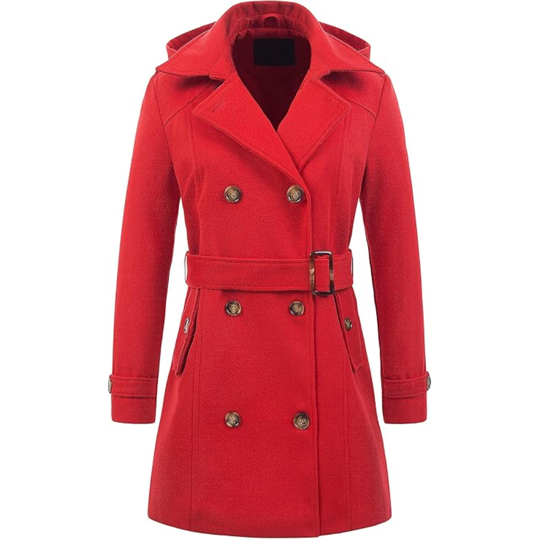 Close-up of the removable hood on a women's padded winter trench coat.