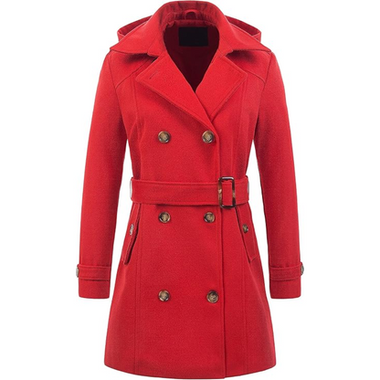 Close-up of the removable hood on a women's padded winter trench coat.