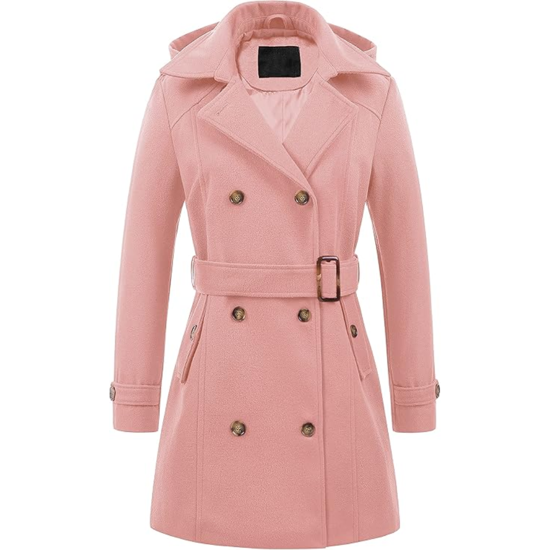 Detail of the double-breasted buttons on a stylish women's winter trench coat.