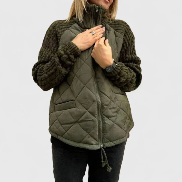 Comfortable women's elegant patchwork jacket. Modern, warm, lightweight outerwear, perfect for spring/fall versatility.