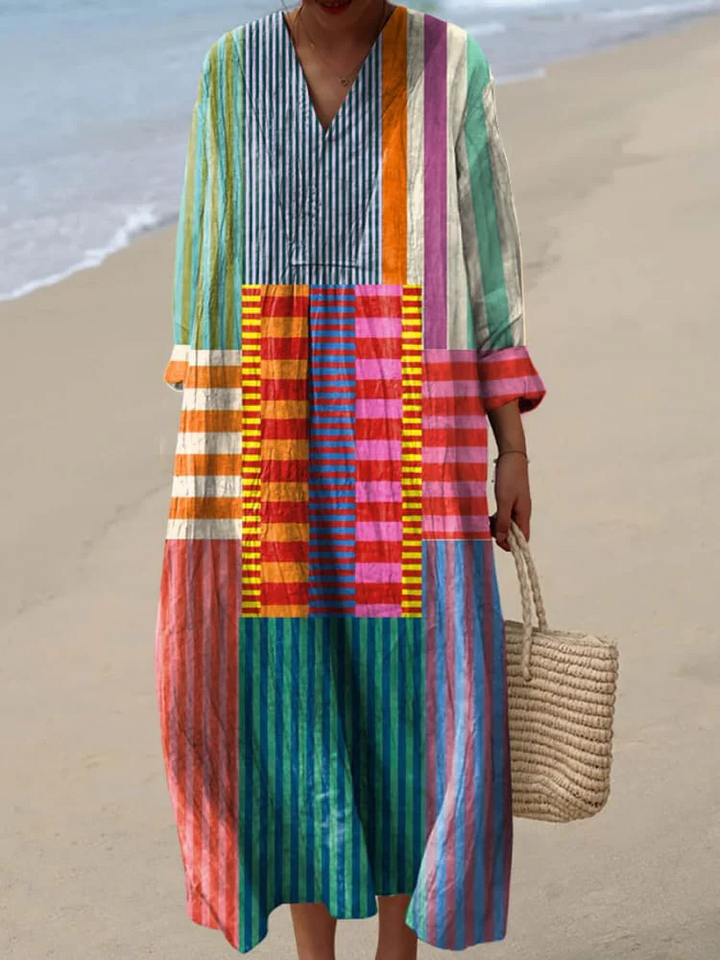 Elegant Women's Patchwork Maxi Dress with vibrant colors, V-neck, and long sleeves. Perfect for casual summer style.
