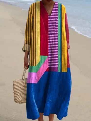 Boho-chic women's patchwork maxi dress. Flowy, colorful, and comfortable. Ideal vacation or casual summer statement dress.